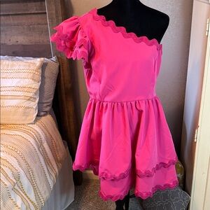 Main Strip Fuchsia One-Shoulder Ruffle Mini Dress